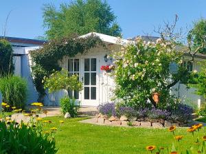 SurwoldLuana`s White Cottage的庭院里带花卉的花园的房子