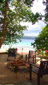 Moso IslandTranquility Island Eco Dive Resort的海滩上设有两个长椅和一个火坑