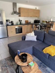 圣雅克德拉朗德Appartement avec terrasse proche de Rennes的客厅配有蓝色的沙发和桌子
