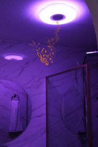 坎普马约尔NatureHouse的浴室拥有紫色照明,配有带镜子的淋浴