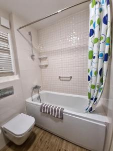 波德戈里察Riverside Apartment的白色的浴室设有浴缸和卫生间。