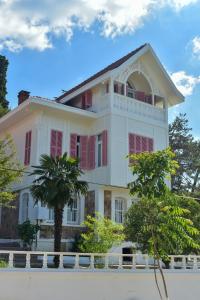 王子岛群Noya Köşk Otel的白色的房子,有粉红色的窗户和棕榈树