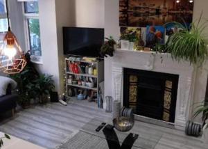 伦敦Entire 1-Bed Apartment in London Haringey的客厅设有壁炉和电视。