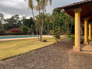 雷塔卢莱乌Casa 3 a 5 min del Irtra的一个带游泳池和棕榈树的度假庭院