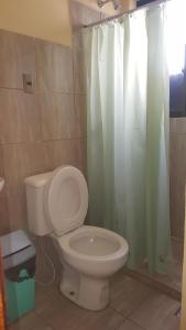 科恰班巴Concordia - Hospedaje的一间带卫生间和淋浴帘的浴室
