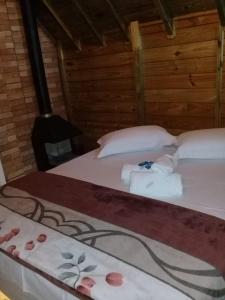 乌鲁比西Chalés Snow的配有毛巾和炉灶的客房内的两张床