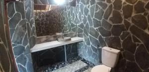 卡朗阿森Villa Lumbung Ayu Sari & Spa的一间带卫生间和石墙的浴室
