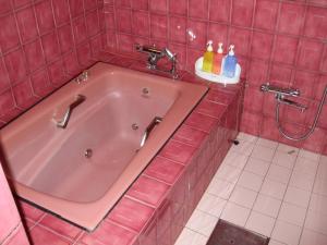 饭能市キャッスル24的粉红色瓷砖浴室内的粉红色浴缸