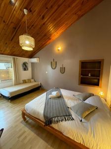圣皮埃尔Les Baroudeurs Hostel的一间卧室设有一张带木制天花板的大床
