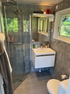 韦姆德Exclusive guesthouse with stunning Seaview!的一间带水槽和淋浴的浴室