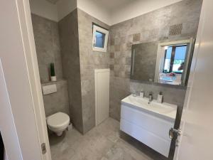 奥拉迪亚Central House的一间带水槽、卫生间和镜子的浴室