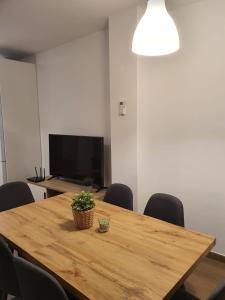 阿达莱斯Apartamento Trinidad Grund的一间会议室,配有一张木桌、椅子和一台电视