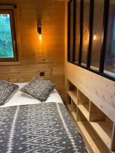 代米考迪亚Marmotte du Jaillet Cosy and charmant appartement的小木屋内带两张床的房间