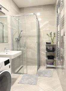 布拉格VIT Apartment - Free Parking - O2 Arena的带淋浴、盥洗盆和洗衣机的浴室