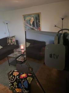 巴斯塔德3-rumslägenhet i villa med havsutsikt i Båstad Hindbärsvägen 22的客厅配有沙发和桌子