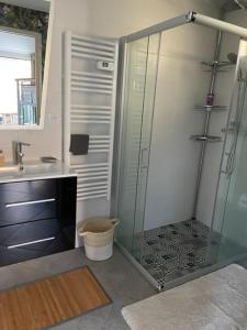 安格雷Charmant Studio pouvant accueillir 4 personnes的一间带玻璃淋浴和水槽的浴室