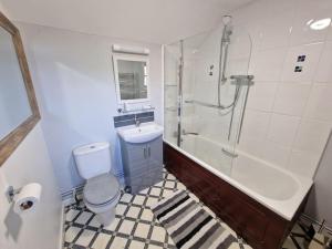 阿伯加文尼Swallows Nest的浴室配有卫生间、盥洗盆和淋浴。