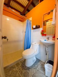 SuchitotoHostal Koltin Suchitoto的浴室配有卫生间、盥洗盆和淋浴。