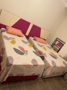 艾因苏赫纳Villa Telal Ain Sokhna的卧室内的两张单人床,配有鸟床罩