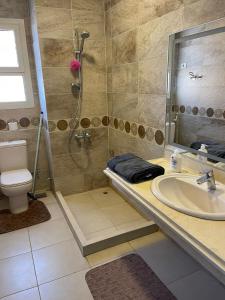 艾因苏赫纳Villa Telal Ain Sokhna的带淋浴、盥洗盆和卫生间的浴室