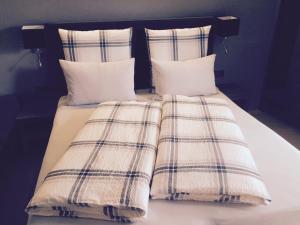 拉古多Pension Hauenstein的床上有两张枕头,有毯子