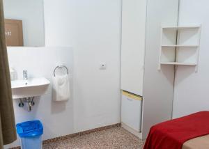 阿尔卡拉Pensión Alcalá的一间白色的小浴室,配有水槽和一张床