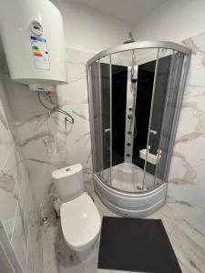 卡托维兹New York Apartments的一间带卫生间和大镜子的浴室