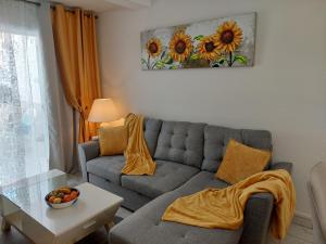 德尔锡伦西奥海岸Jacuzzi House Sunflower的客厅配有沙发和桌子