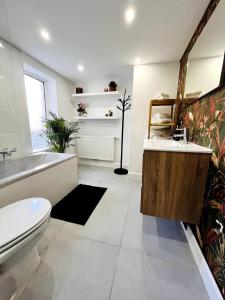 奥斯坦德Sfeervolle vakantiewoning aan zee的带浴缸、卫生间和盥洗盆的浴室