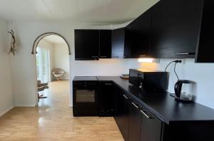 雷讷Apartments Reine Lofoten的厨房配有黑色橱柜和黑色台面