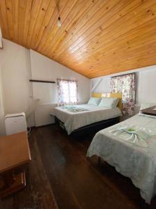 波梅罗迪Pousada Casa Wachholz - Rota do Enxaimel的一间卧室设有两张床和木制天花板