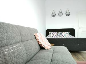 IpoteştiCozy Apartment Narciselor Suceava的客厅配有沙发和1张床