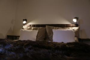 赫马万Hemavans Wärdshus的一间卧室配有带2个枕头和2盏灯的床
