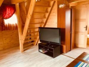 罗威Domki w Rowach的一间客厅,位于一间小屋内,配有平面电视。