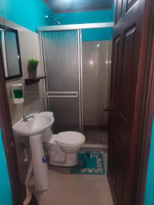 托尔图格罗Apartamentos Caimán Tortuguero的浴室配有卫生间、盥洗盆和淋浴。