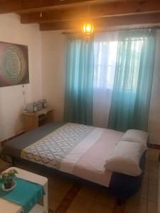 安提瓜Majada Blanca的一间卧室配有一张带蓝色窗帘的大床