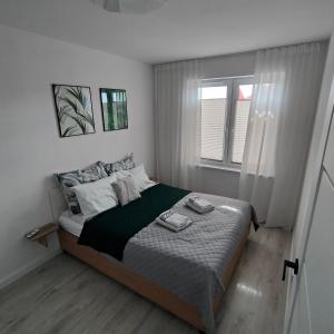 缅济热奇Apartament na Malczewskiego的一间卧室设有一张床和一个窗口