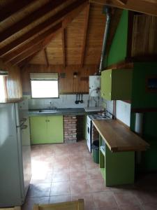 厄尔查尔坦Casa al Río的厨房设有绿色的橱柜和木制天花板。