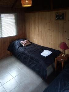 厄尔查尔坦Casa al Río的木制客房内的一间卧室配有一张大床