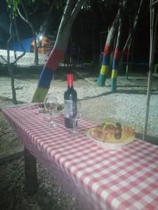 圣玛尔塔tayrona breeze的一张野餐桌,上面有一瓶葡萄酒和一盘食物