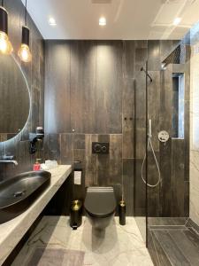 威利兹卡CRYSTAL CAVE Apartment的浴室配有卫生间、盥洗盆和淋浴。