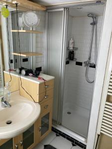 ZoeterwoudeLuc's place, Waterbed grote kamer的一间带水槽和淋浴的浴室