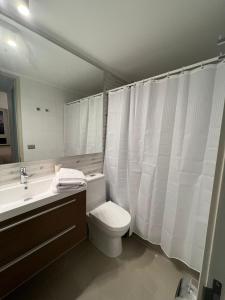 康塞普西翁Perfecto departamento 1dorm/1baño的一间带卫生间、水槽和镜子的浴室