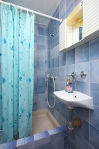 苏库拉伊Double Room Sucuraj 6734b的蓝色瓷砖浴室设有淋浴帘和水槽
