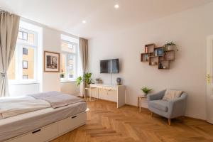 维也纳Vienna City Apartment的一间卧室配有一张床、一把椅子和电视。