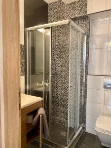 帕拉利亚卡泰里尼斯THOMAS STUDIOS & APARTMENTS PARALIA的一间带玻璃淋浴和卫生间的浴室