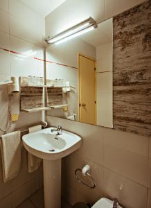 彭斯特Hotel BONCOMPTE的一间带水槽、镜子和卫生间的浴室