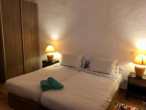 阿尔坎塔里利亚Casa do Pátio em Alcantarilha - Algarve的一间卧室配有一张带绿毛巾的床