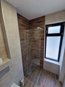 索科矿泉村Nina Apartman 2的带淋浴的浴室和窗户