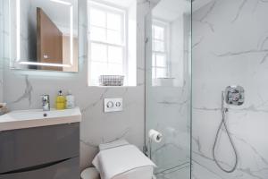 伦敦The Dorset Suite - Stylish New 1 Bedroom Apartment In Marylebone的带淋浴、卫生间和盥洗盆的浴室